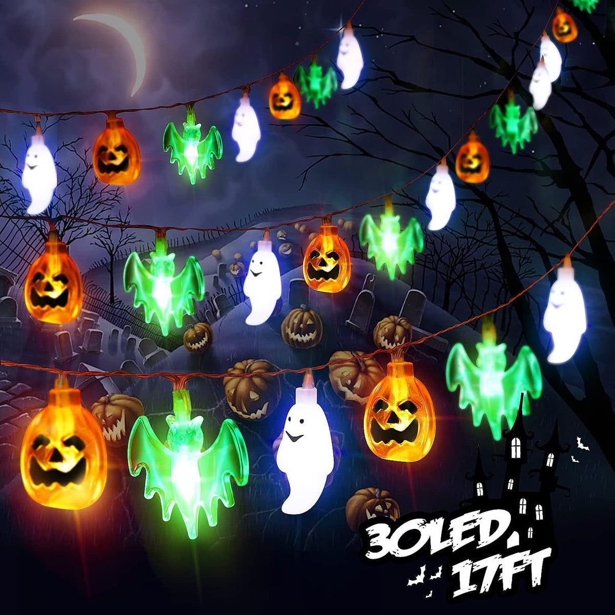 Guirlande lumineuse LED Halloween citrouille chauve-souris fantôme