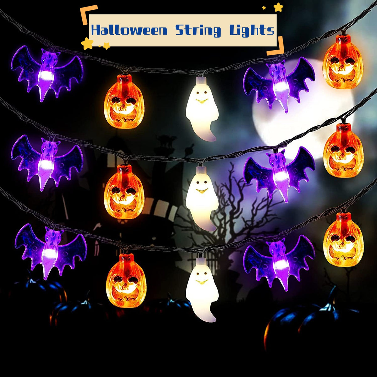 Guirlande lumineuse LED Halloween citrouille chauve-souris fantôme