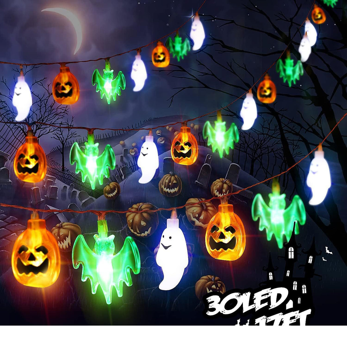 Guirlande lumineuse LED Halloween citrouille chauve-souris fantôme